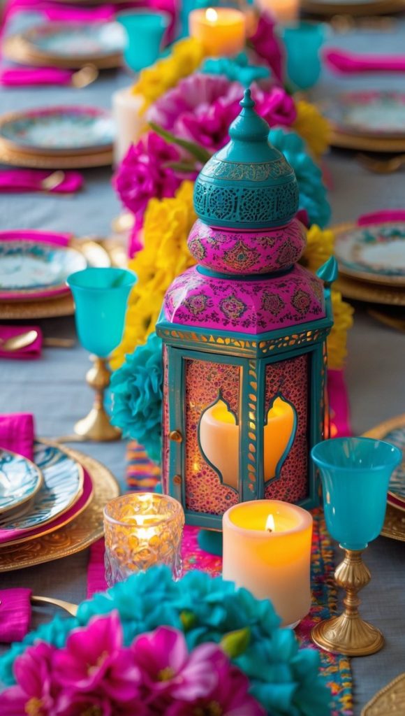 A decorated dining table with ornate plates, gold cutlery, teal and pink lanterns, candles, turquoise goblets, and colorful flower arrangements.