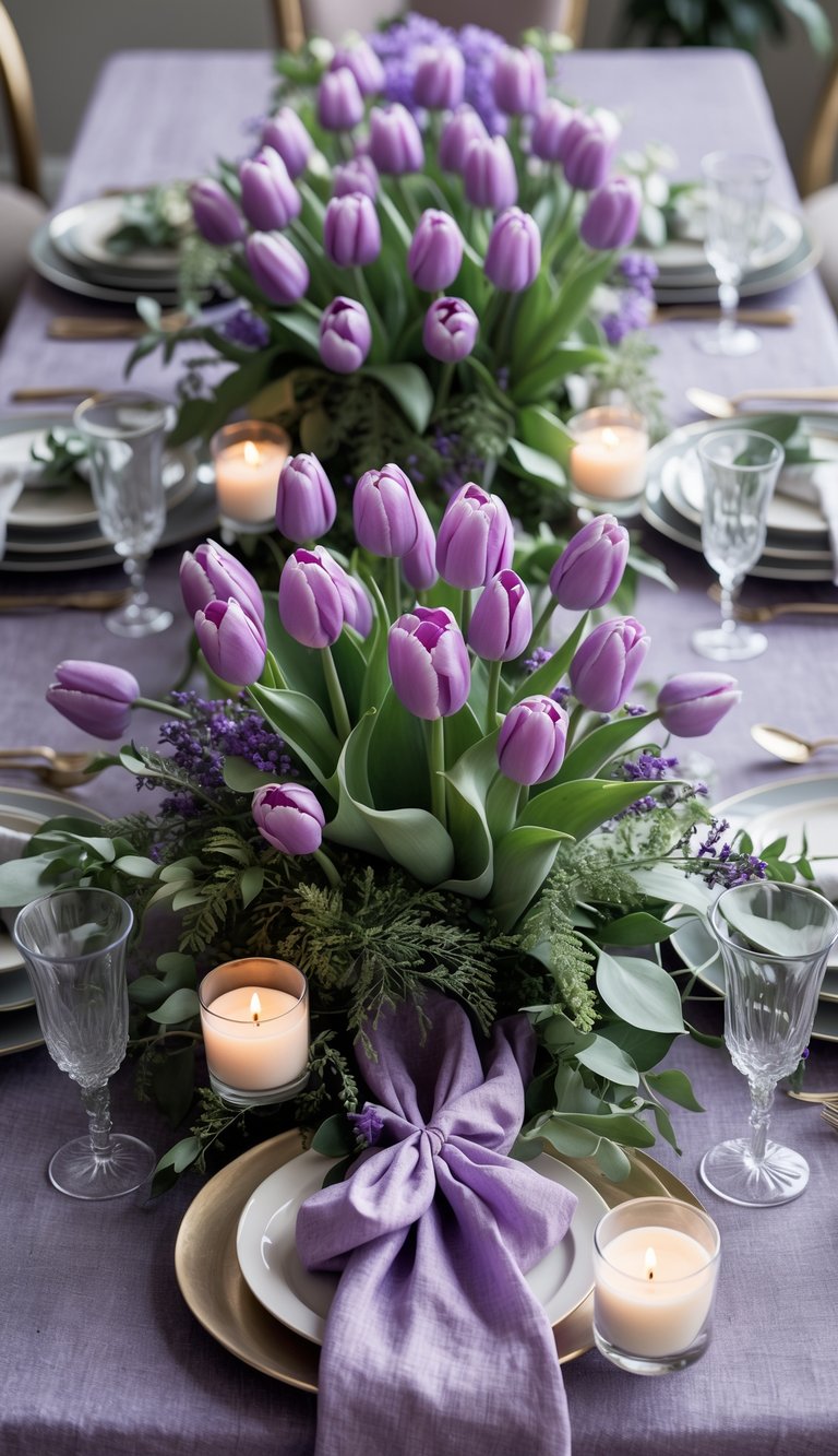 A full view of a table set for an event with a purple tulip centerpiece surrounded by greenery, candles, and elegant dinnerware.