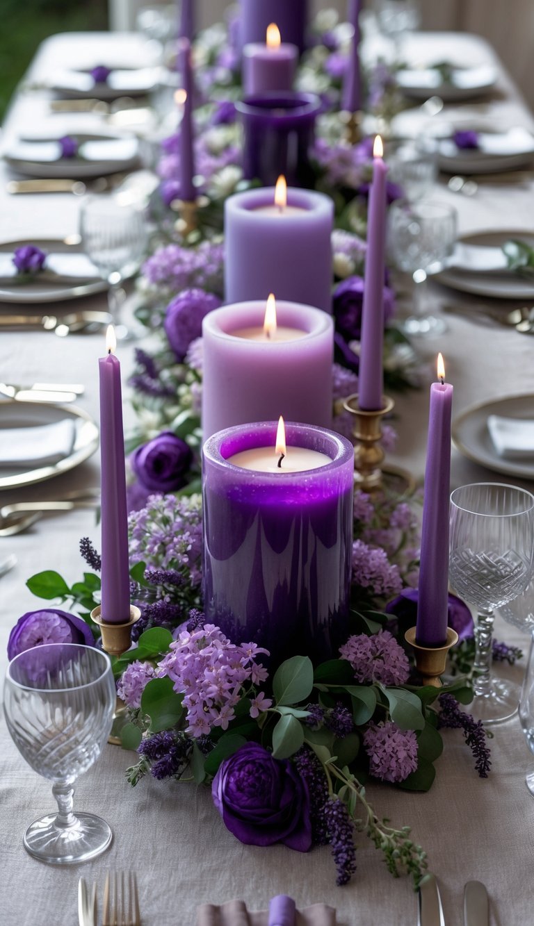 A full view of a table set with purple candles, floral arrangements, fine china, and glassware, illuminated by natural light.