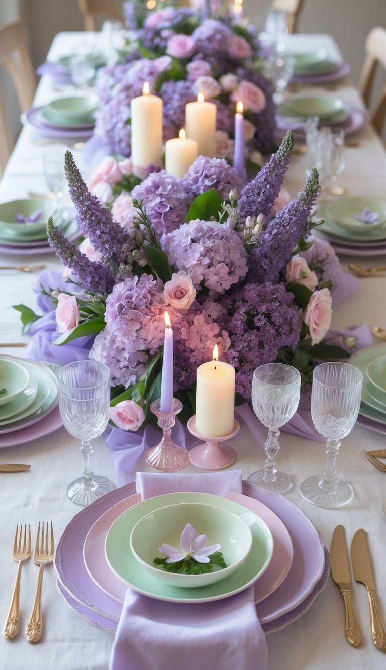 A full view of a spring table set with purple and pastel flowers, candles, plates, and glassware arranged neatly on a light tablecloth.
