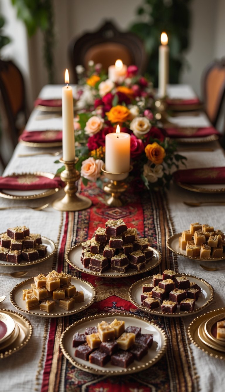 A full view of a table set with small plates of baklava and Moroccan sweets, decorated with candles and floral centerpieces.