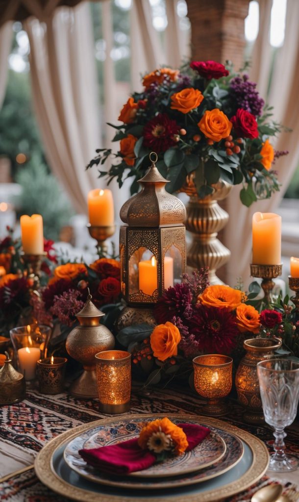 A decorated table with a patterned plate, red napkin, candles, a brass lantern, and vibrant orange and red flowers arranged in the center.