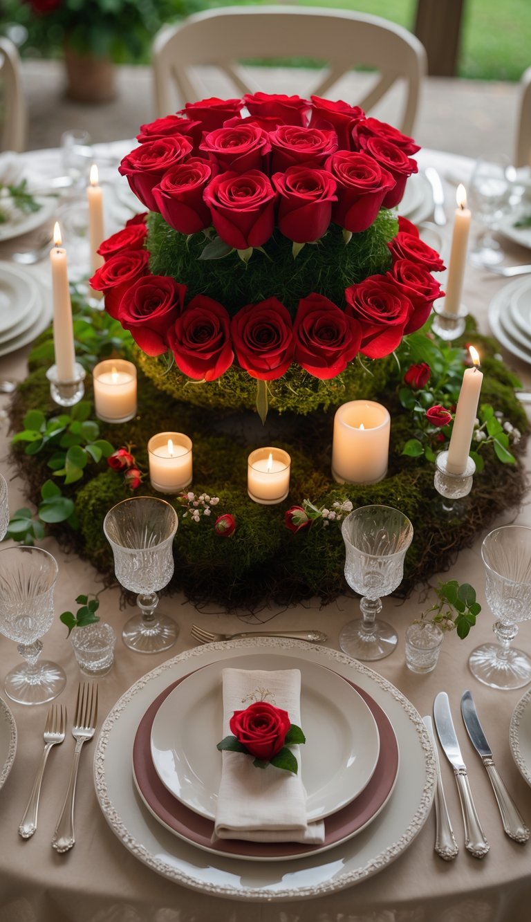 A dining table set with a red rose centerpiece on a moss base, surrounded by candles, greenery, and elegant tableware.