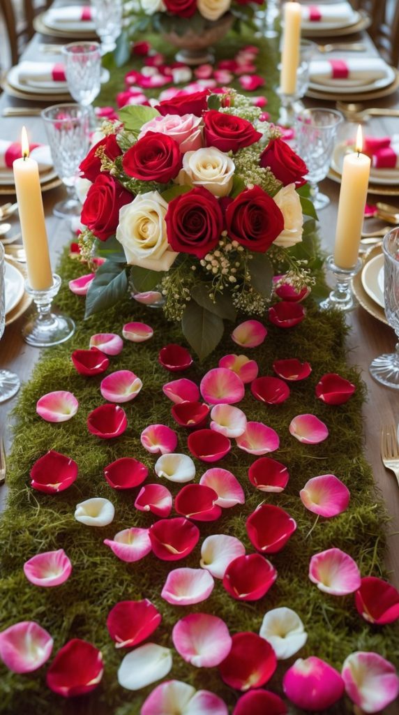 A long dining table decorated with moss, red and white rose bouquets, scattered rose petals, crystal glassware, plates, cutlery, and lit candles.