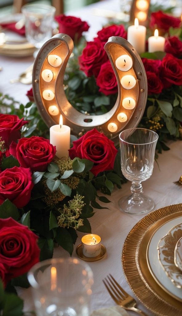 A formal table setting features gold-rimmed plates, glassware, red roses, greenery, and candles, with a horseshoe centerpiece lit by small candles.
