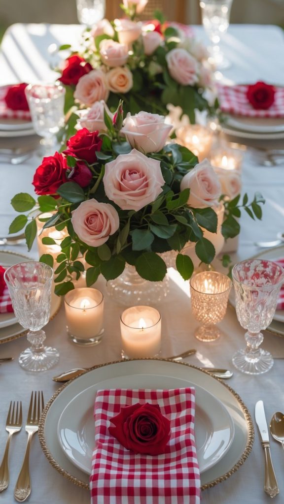 A formal table setting with red and pink roses, lit candles, and red checkered napkins on white plates, arranged for a meal.
