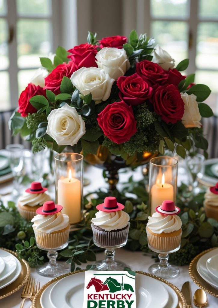 A table set with cupcakes topped with red hats, a bouquet of red and white roses, candles, and a Kentucky Derby "Run for the Roses" sign.