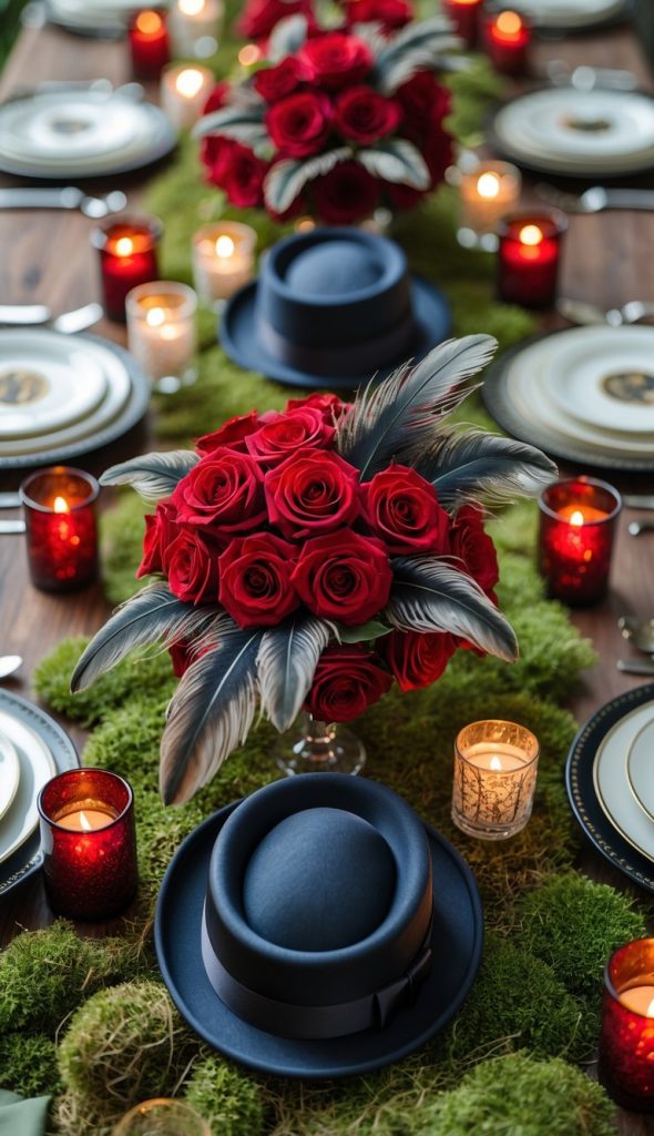 A formal table setting features bouquets of red roses with feathers, black hats, moss table runner, plates, and candles in red and clear holders.