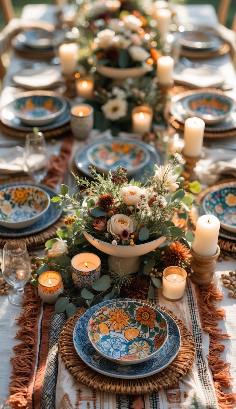 A beautifully arranged dining table with hand-painted ceramic bowls, floral centerpieces, candles, and patterned linens under natural light.