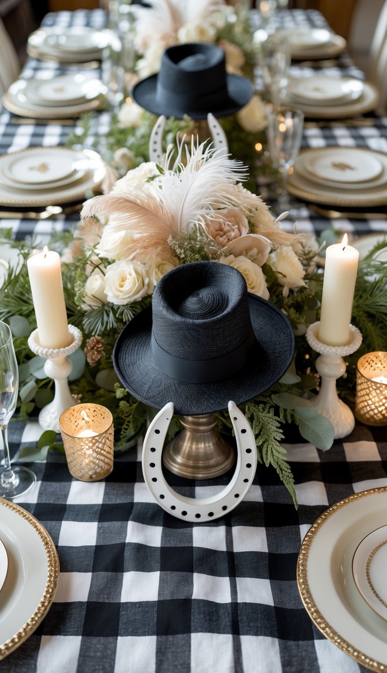 A full table set with a black and white checkered tablecloth, decorated with horseshoe motifs, Victorian feathered hats, candles, and floral centerpieces under natural light.