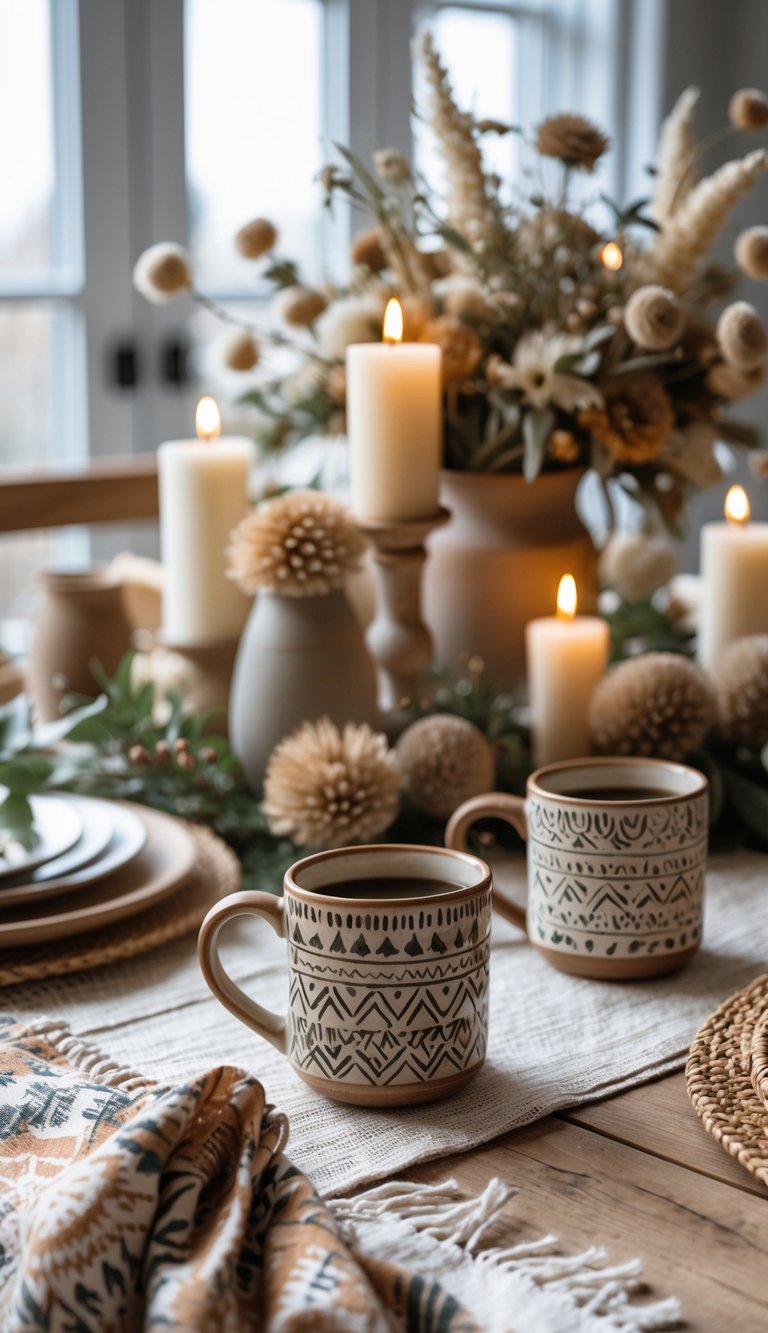 A full table set with patterned ceramic mugs, floral centerpieces, candles, and patterned linens under natural light.