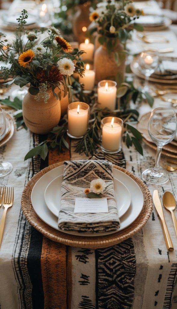 A dining table set with patterned napkins, white plates, gold cutlery, lit candles, and vases of wildflowers on a patterned tablecloth.