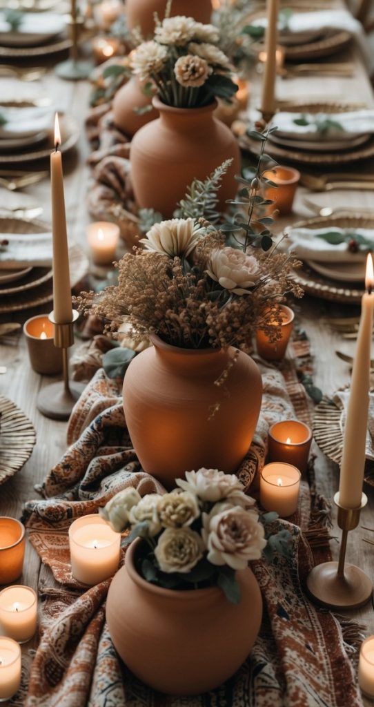 A long dining table is decorated with terracotta vases of flowers, lit candles, woven placemats, and gold utensils, arranged in a rustic, elegant style.