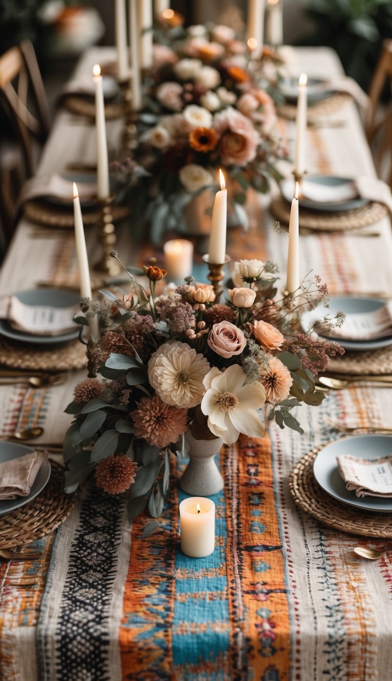A full view of a decorated table with layered patterned textiles, floral centerpieces, and candles, illuminated by natural light.