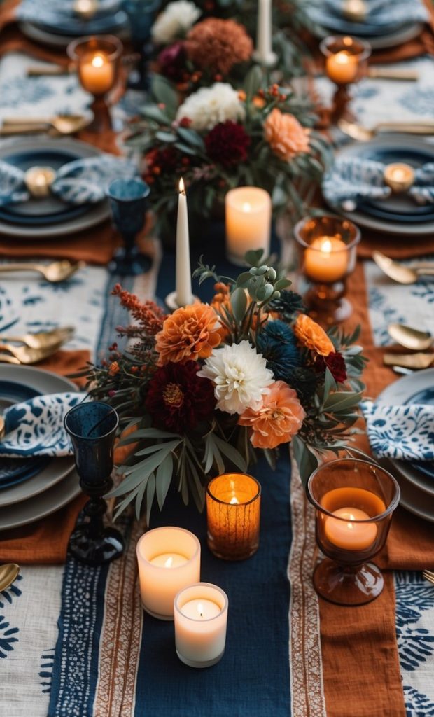 A decorated dining table set with blue and white plates, orange and blue glasses, floral centerpieces, and several lit candles on a patterned tablecloth.