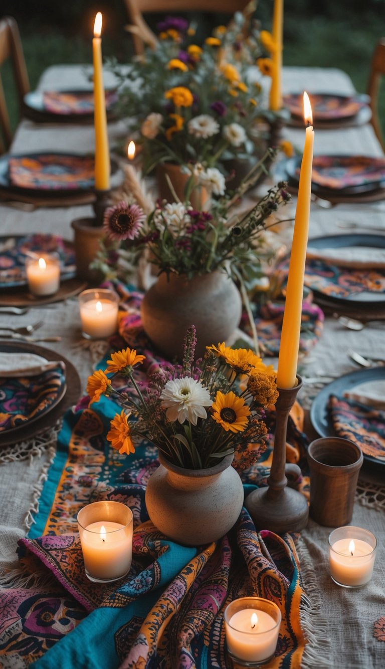 A full view of a decorated table with patterned linens, floral centerpieces, and candles lit in natural light.