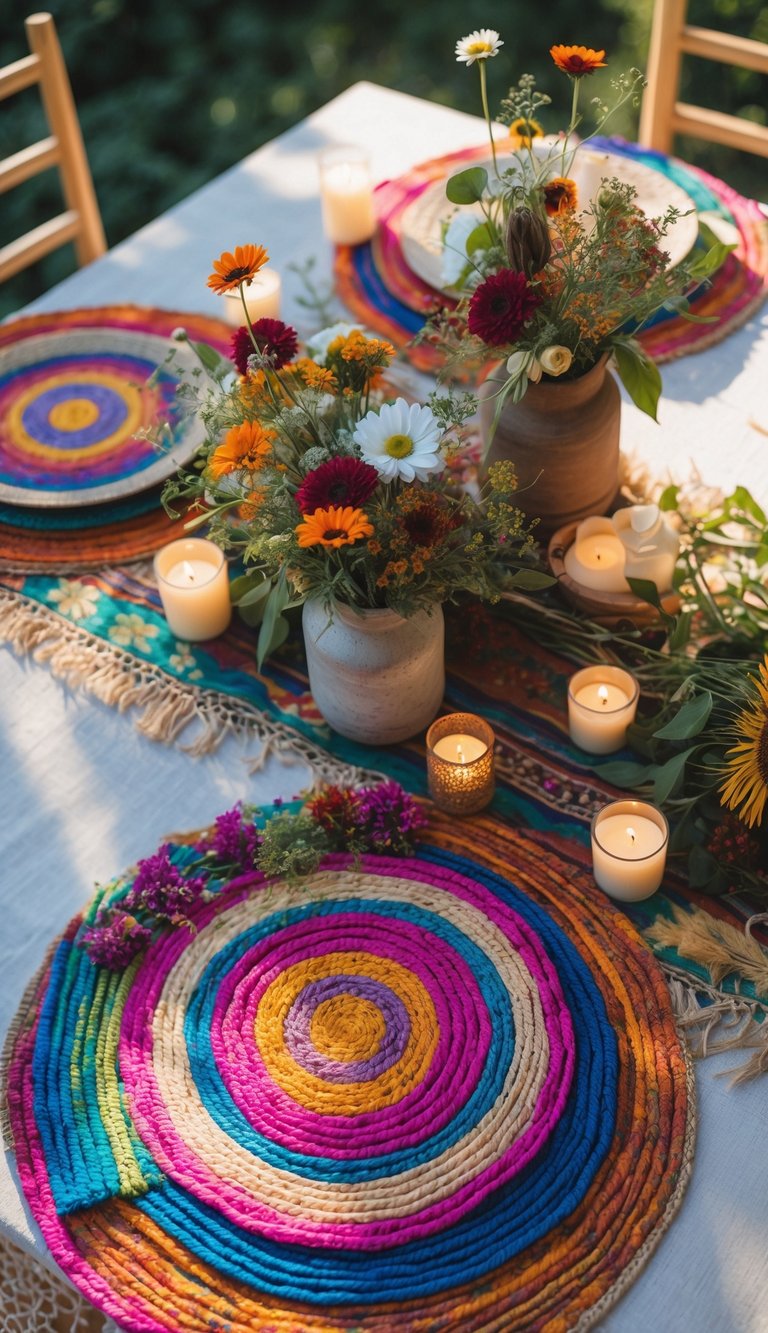 A full table set with colorful woven mats, patterned linens, floral centerpieces, and candles under natural light.