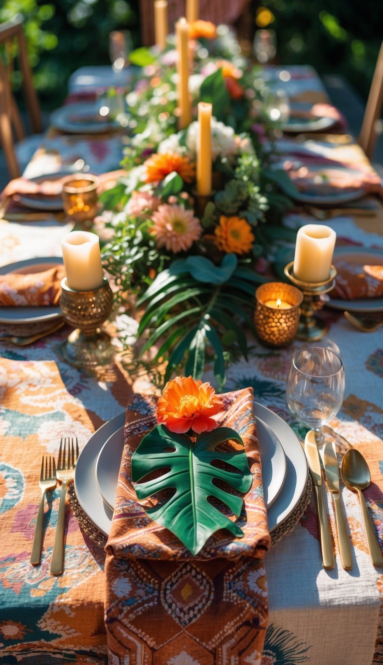 A dining table set with patterned linens, tropical leaf-shaped napkin holders, floral centerpieces, and candles arranged under natural light.