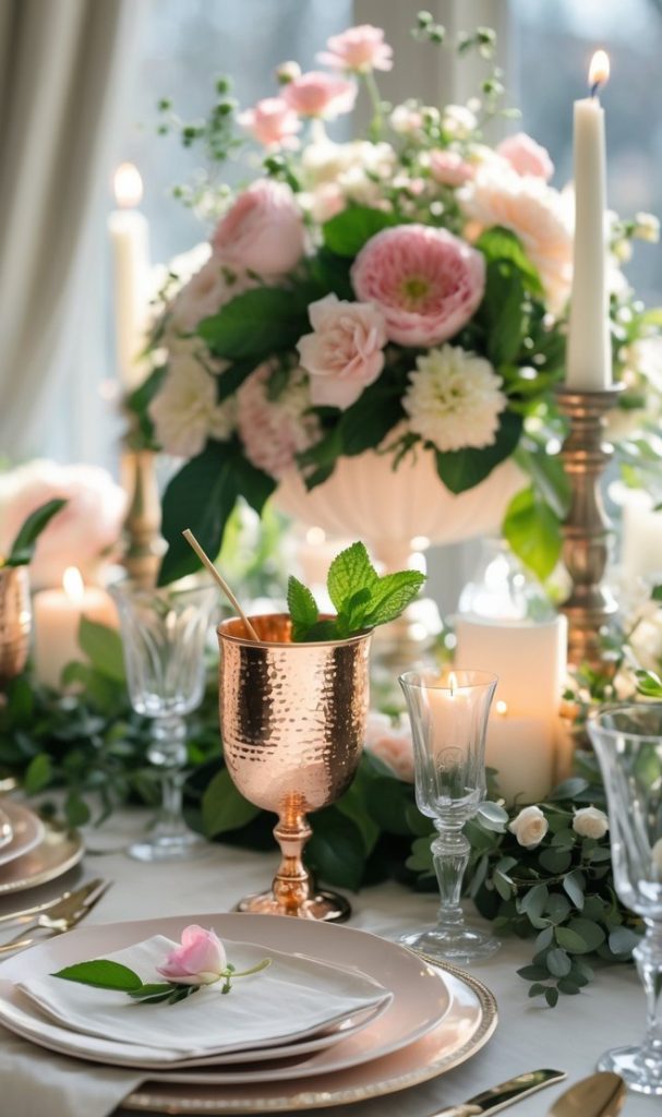 Elegant table setting with gold flatware, rose gold goblets, white plates, floral centerpiece, and lit candles in a bright room.