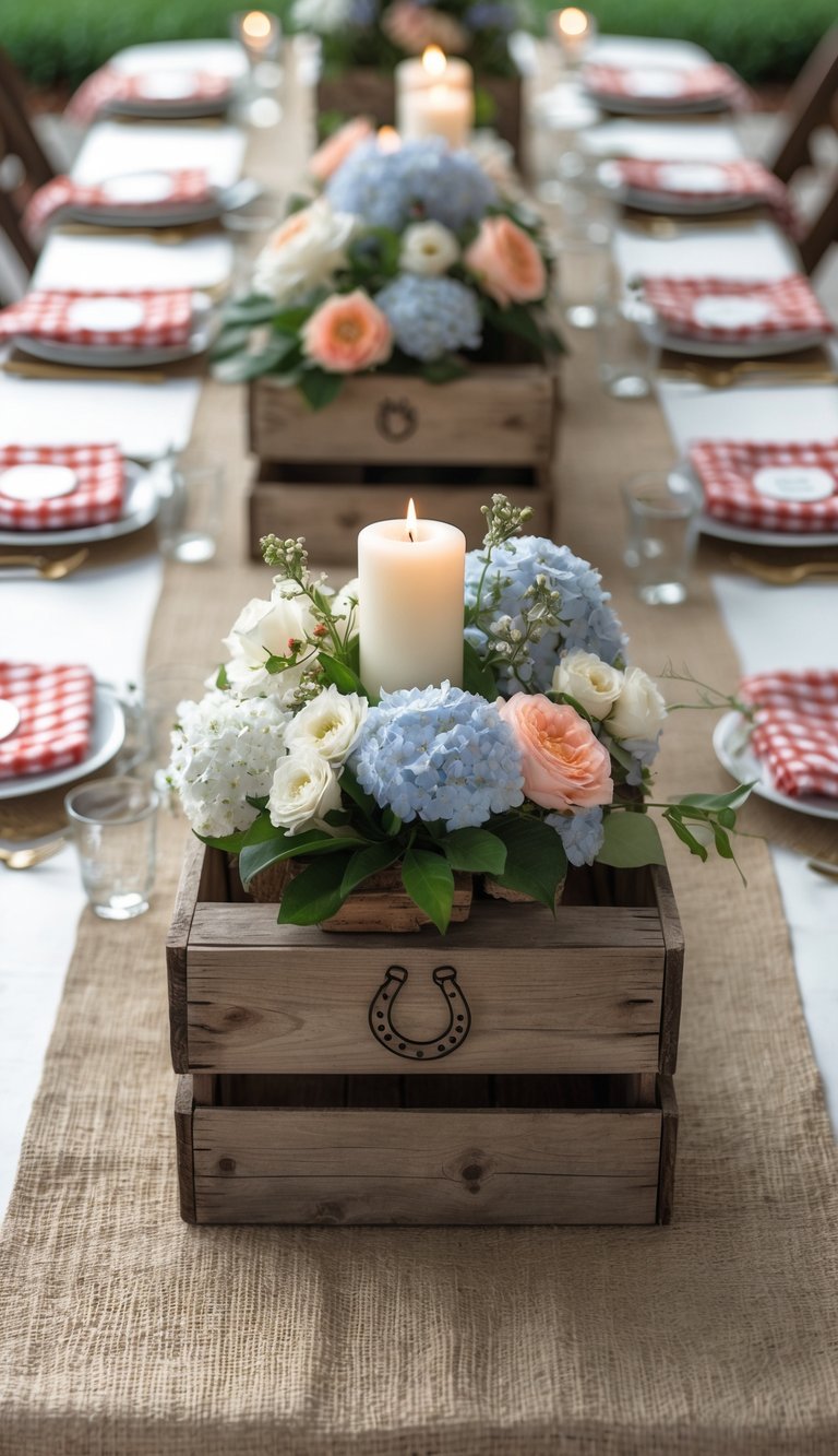 A decorated event table with wooden crate centerpieces, candles, fresh flowers, horseshoe decorations, and red and white gingham accents.