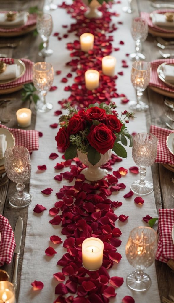 A long dining table set with red rose centerpieces, scattered rose petals, lit candles, glassware, and red gingham napkins.