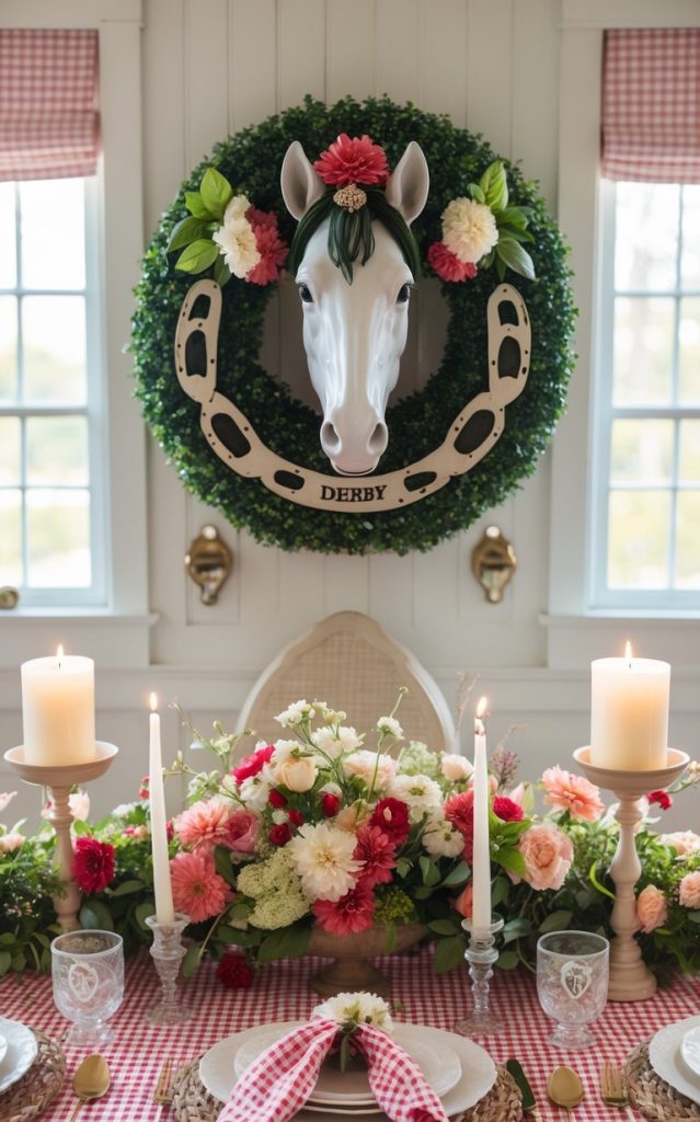 A dining table with a red checkered tablecloth, floral centerpiece, candles, and horse-themed decor, including a horse head wreath labeled "Derby" on the wall.