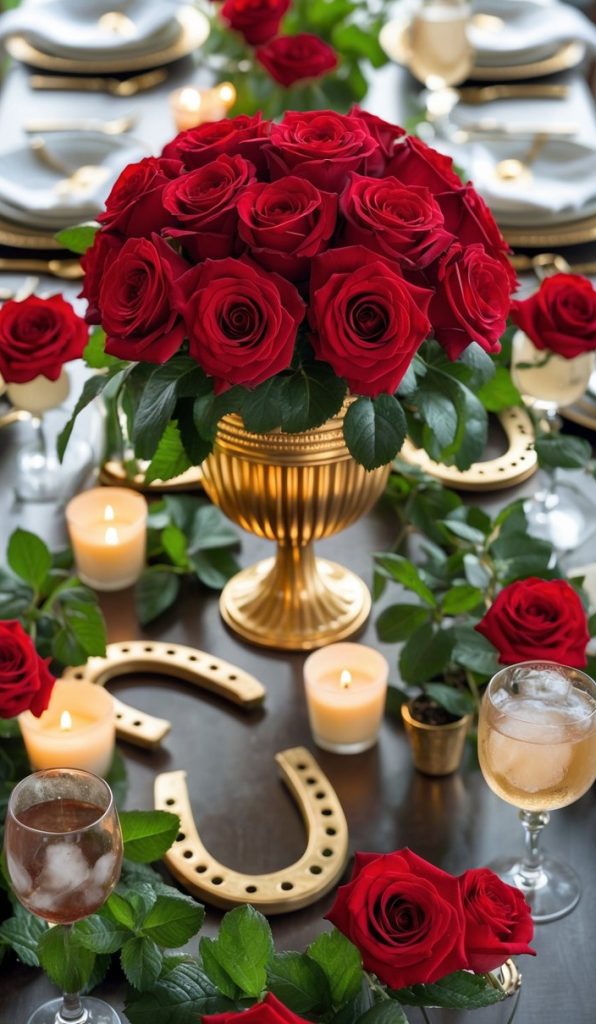 A table set with red rose centerpiece in a gold vase, surrounded by candles, horseshoes, glassware, and plates arranged neatly for a formal meal.