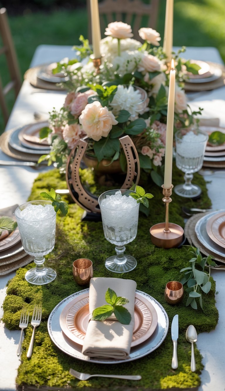 A full view of a table set outdoors with moss-covered mats, mint julep cups, horseshoe decorations, candles, and floral centerpieces.