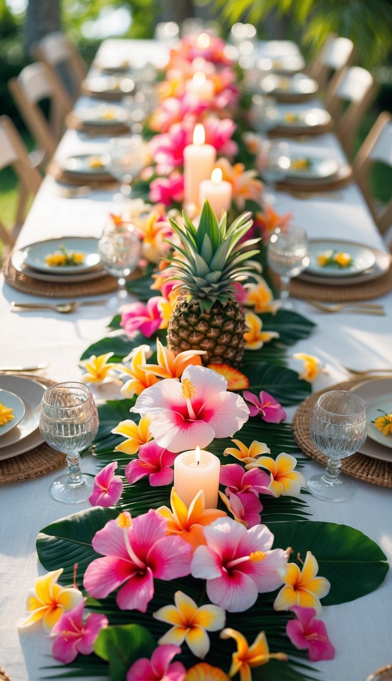 A tropical luau table set outdoors with a colorful flower garland runner, candles, pineapples, and elegant tableware arranged for a festive event.