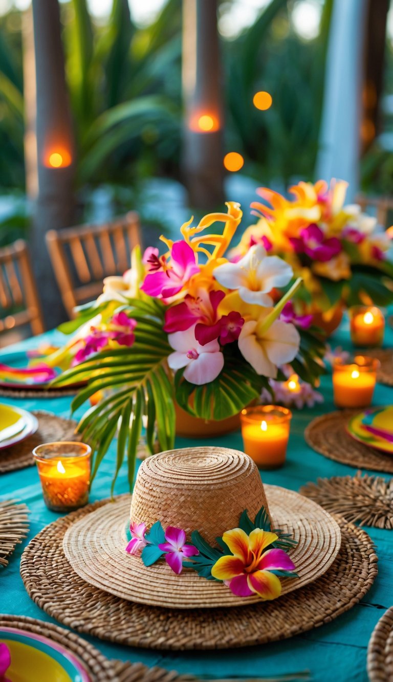 A luau-themed table set with straw hat place card holders, tropical flowers, candles, and colorful tableware in natural light.