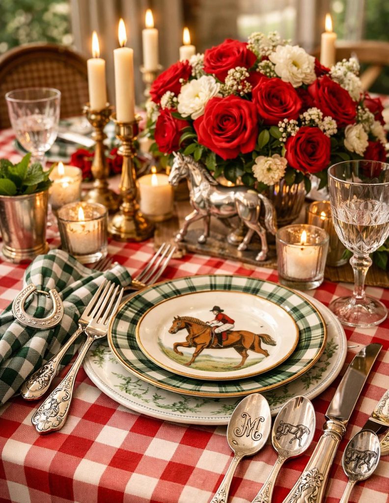 Formal table setting with silverware, plaid and checkered plates, red and white checkered tablecloth, candles, red and white flowers, and a horse figurine centerpiece.