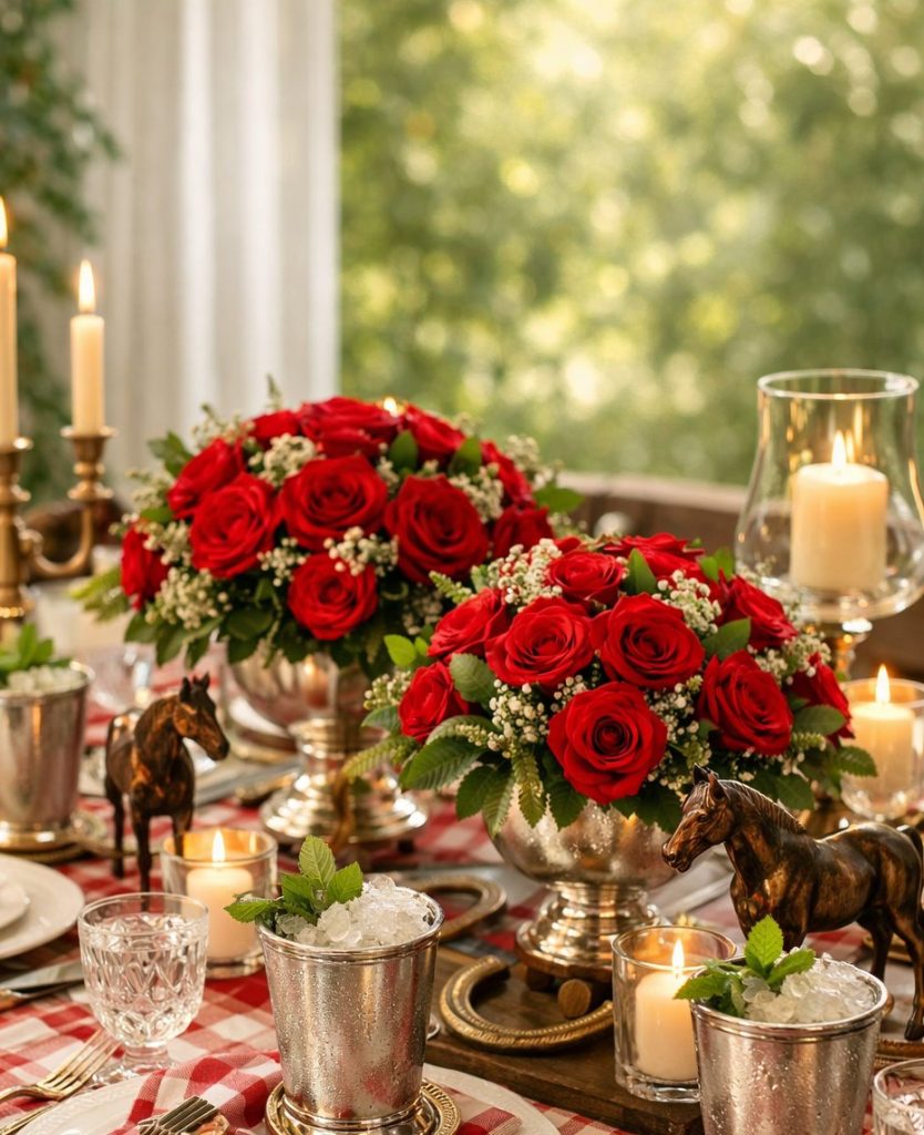 A rustic table setting with red and white checkered napkins, silver cups, plates, red rose centerpieces, candles, and small horse figurines.