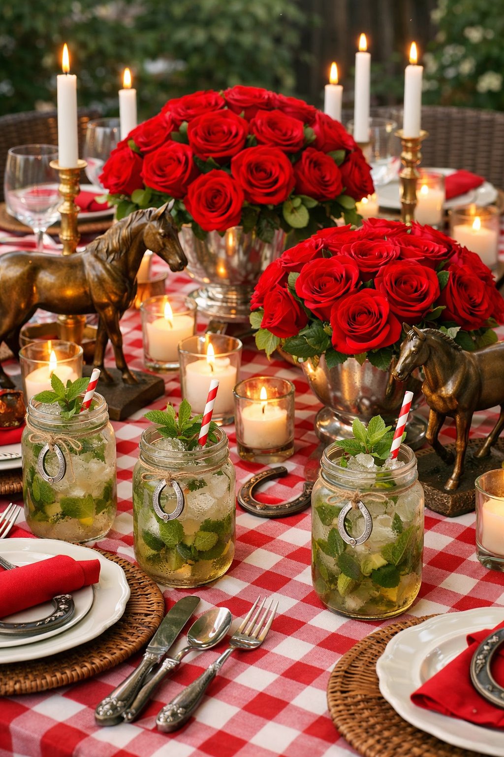 A table set with personalized mason jar glasses, red rose centerpieces, candles, and gingham tablecloths, decorated with horse-themed accents.