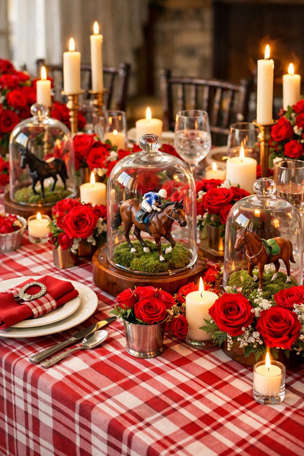 A table set for an event with small glass cloches covering horse figurines, surrounded by red roses, candles, and gingham tablecloths.