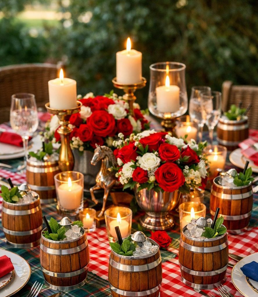 A table set for a meal with a red checkered tablecloth, floral arrangements, candles, and wooden barrel mugs filled with drinks topped with mint.