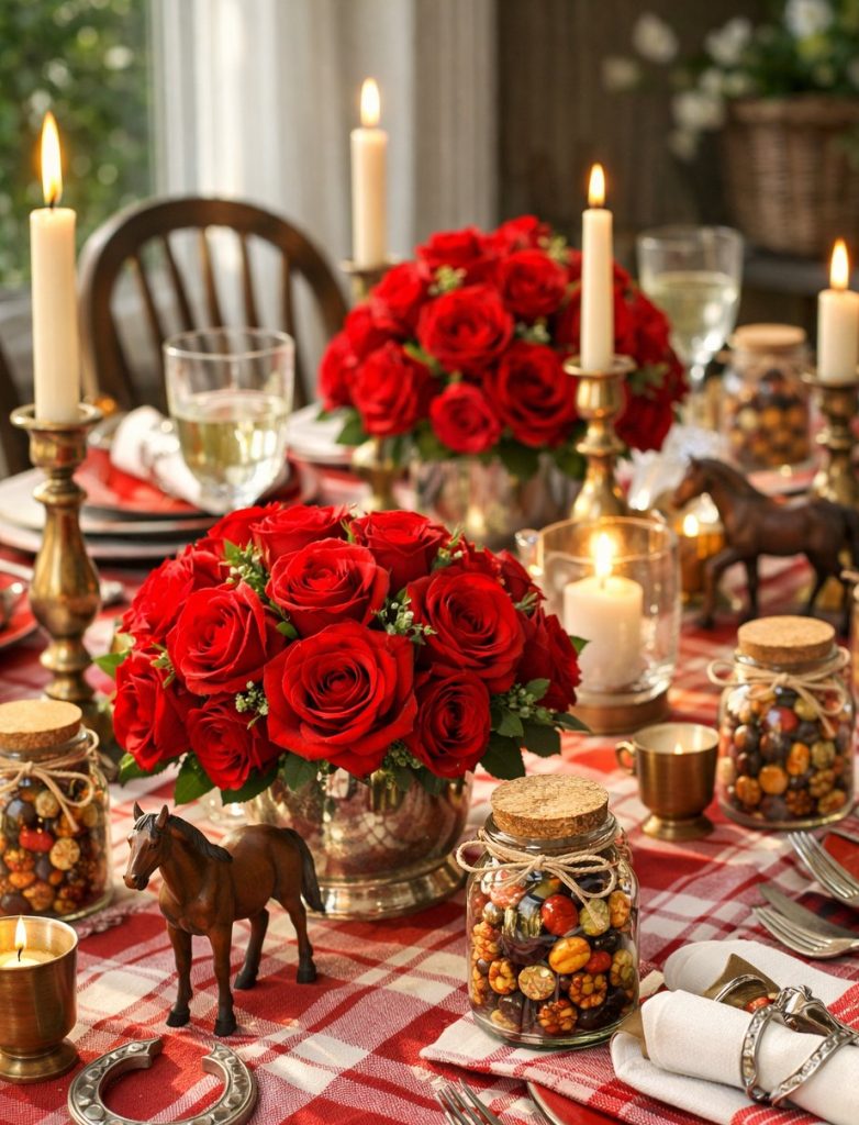 A dining table set with red plaid tablecloth, silverware, red rose centerpieces, lit candles, jars of snacks, and horse figurines.