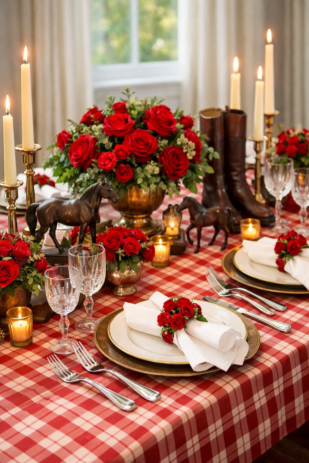 A fully set dining table with red gingham tablecloth, floral ring napkin holders with miniature red roses, red rose centerpieces, candles, and equestrian-themed decorations.