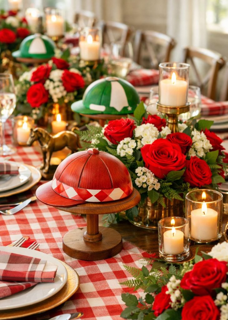 A table set with red and white checkered tablecloth, red rose centerpieces, candles, equestrian helmet decorations, and place settings with plaid napkins.