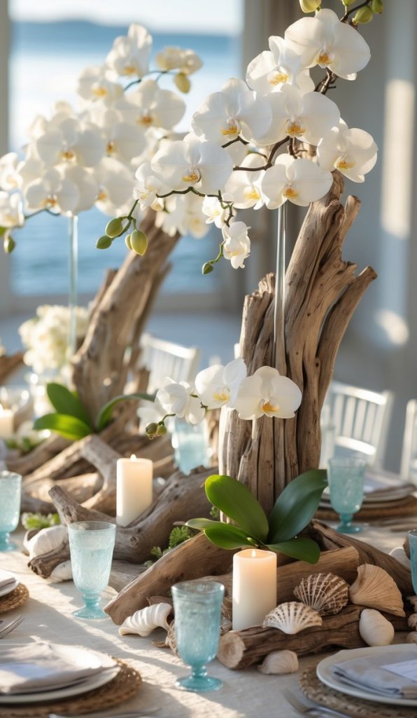 A decorated dining table features driftwood centerpieces with white orchids, blue glassware, seashells, white candles, and an ocean view in the background.