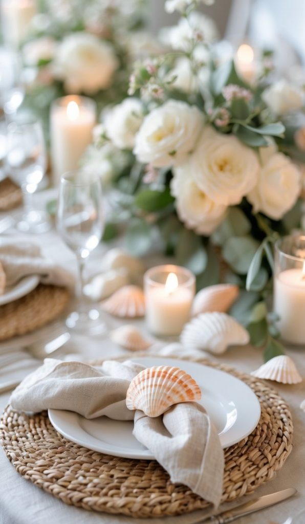 A dining table set with woven placemats, white plates, beige napkins with seashells, lit candles, and white floral arrangements.