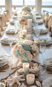 A long dining table is set with white plates, glassware, candles, and floral centerpieces featuring roses and hydrangeas, with starfish and seashell decorations.