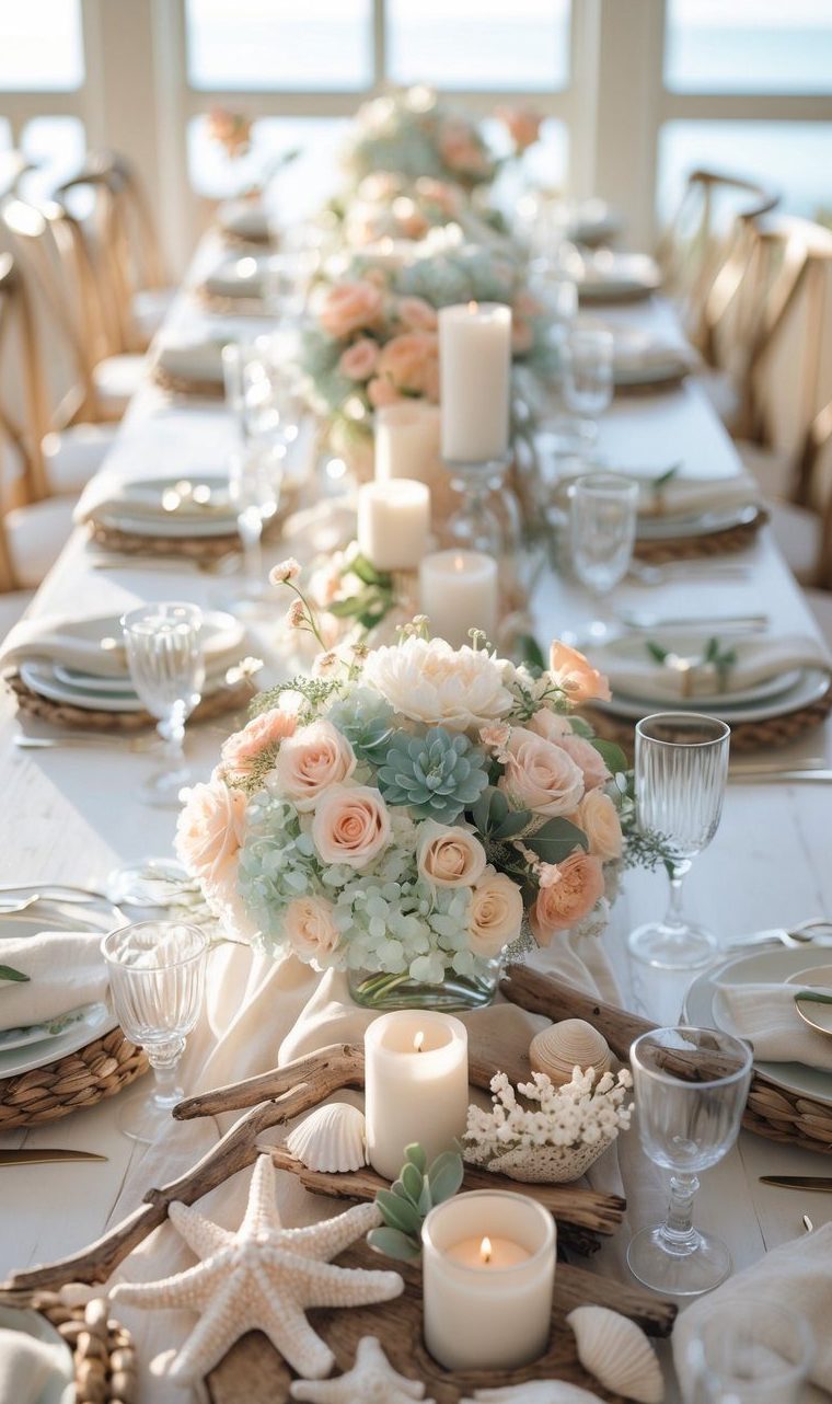 A long dining table is set with white plates, glassware, candles, and floral centerpieces featuring roses and hydrangeas, with starfish and seashell decorations.