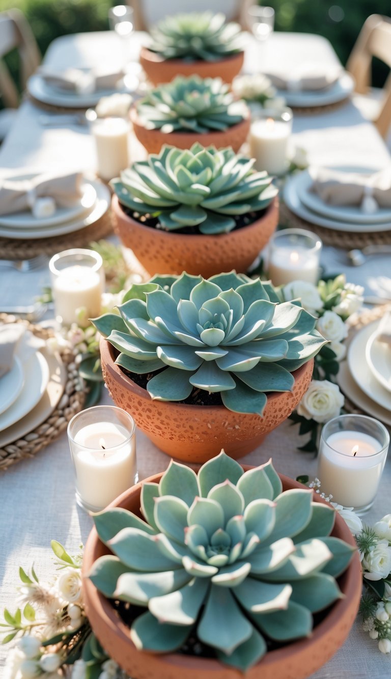 A coastal wedding table set outdoors with succulent centerpieces in terra cotta pots, candles, and floral arrangements.