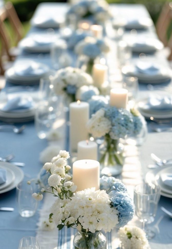A long outdoor table set with blue and white linens, white plates, glassware, candles, and vases of white and light blue flowers.