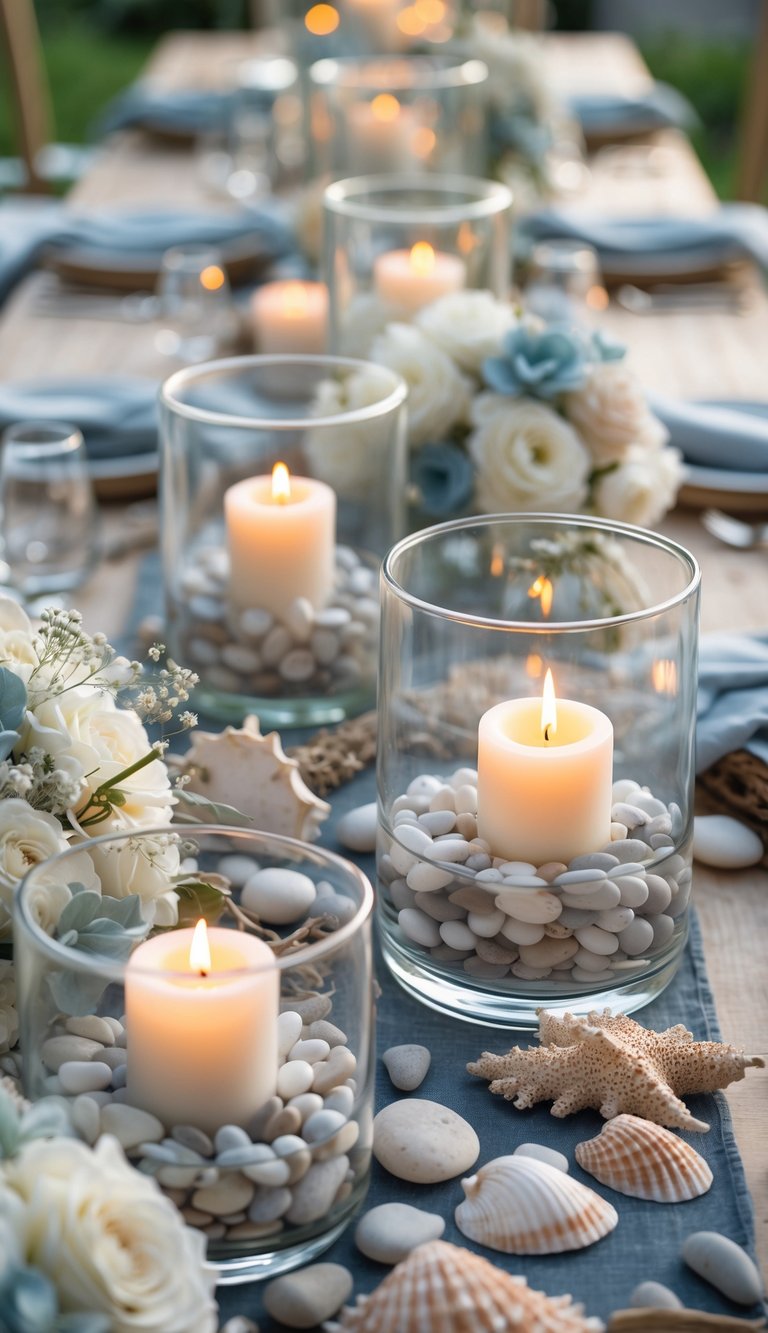 A coastal wedding table set with glass vases filled with pebbles and floating candles, surrounded by floral arrangements and natural decorations.