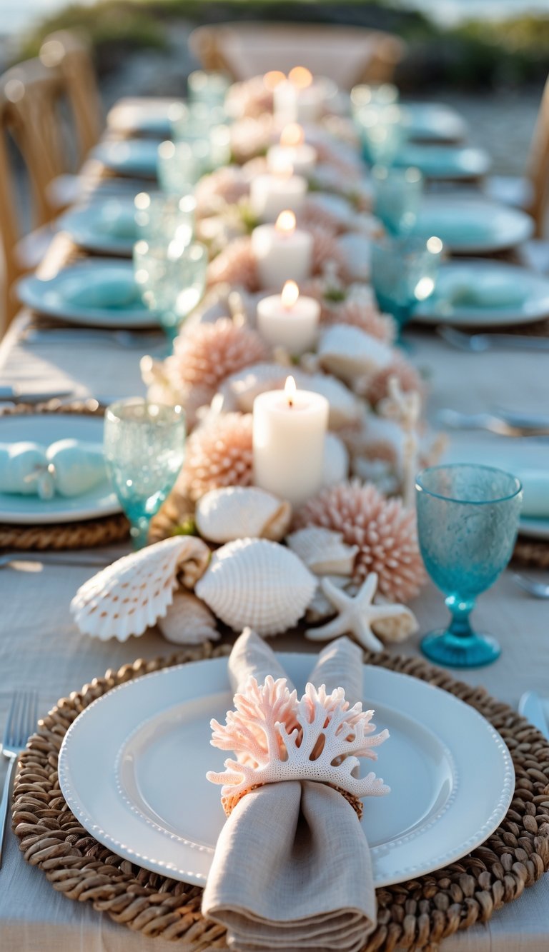A coastal wedding table set with coral-inspired napkin rings, pastel flowers, candles, and seashell decorations under natural light.