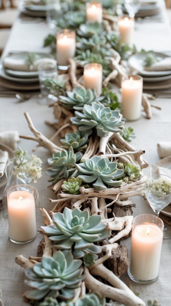 A table is set with plates and napkins, decorated with a centerpiece of succulents, driftwood, and lit pillar candles on a light tablecloth.