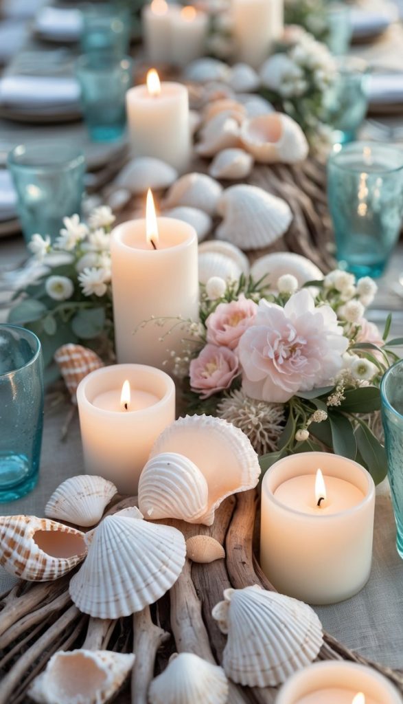 A table decorated with white candles, seashells, driftwood, blue glasses, and floral arrangements, set for a meal.