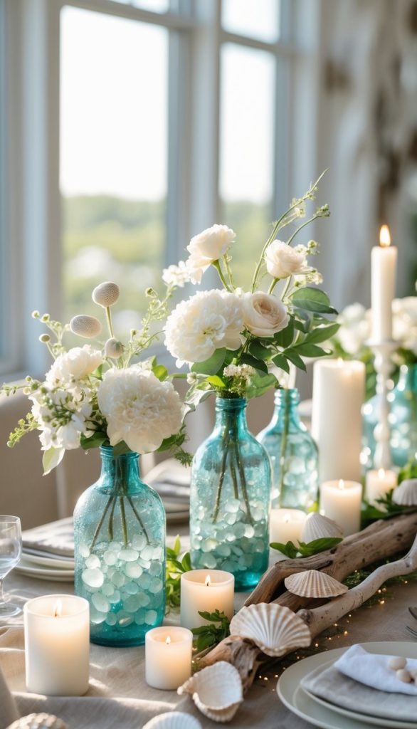 A table decorated with blue glass vases of white flowers, candles, seashells, and driftwood, set by a window with natural light.