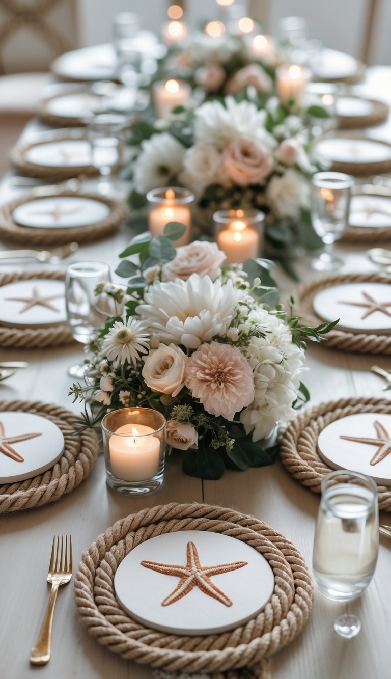 A coastal wedding table set with nautical rope coasters featuring starfish designs, floral centerpieces, and candles on a wooden table.